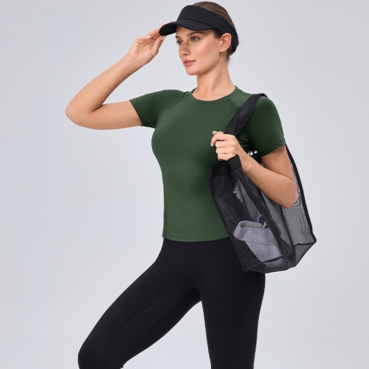 Women Slim Fit Yoga Short Sleeve T-shirt High Elastic Quick Dry Round Neck Top Breathable Slimming Gym Sports Running Shirt