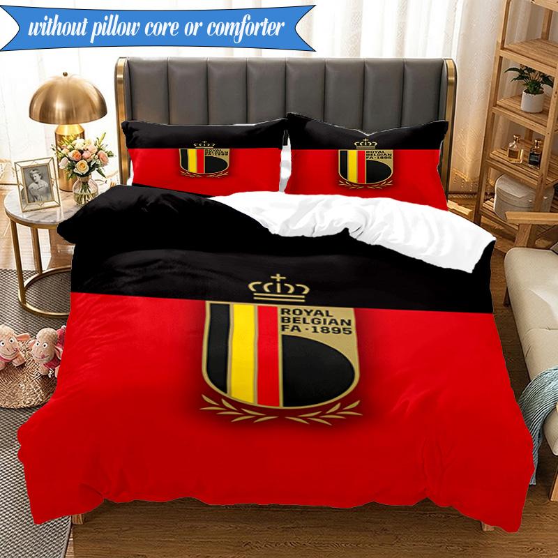 3PCS Belgium Football Crest Emblem Bedding Set 2D Printing (Includes 1 Duvet Cover + 2 Pillowcases Coreless), Bedroom decor,Fan gift