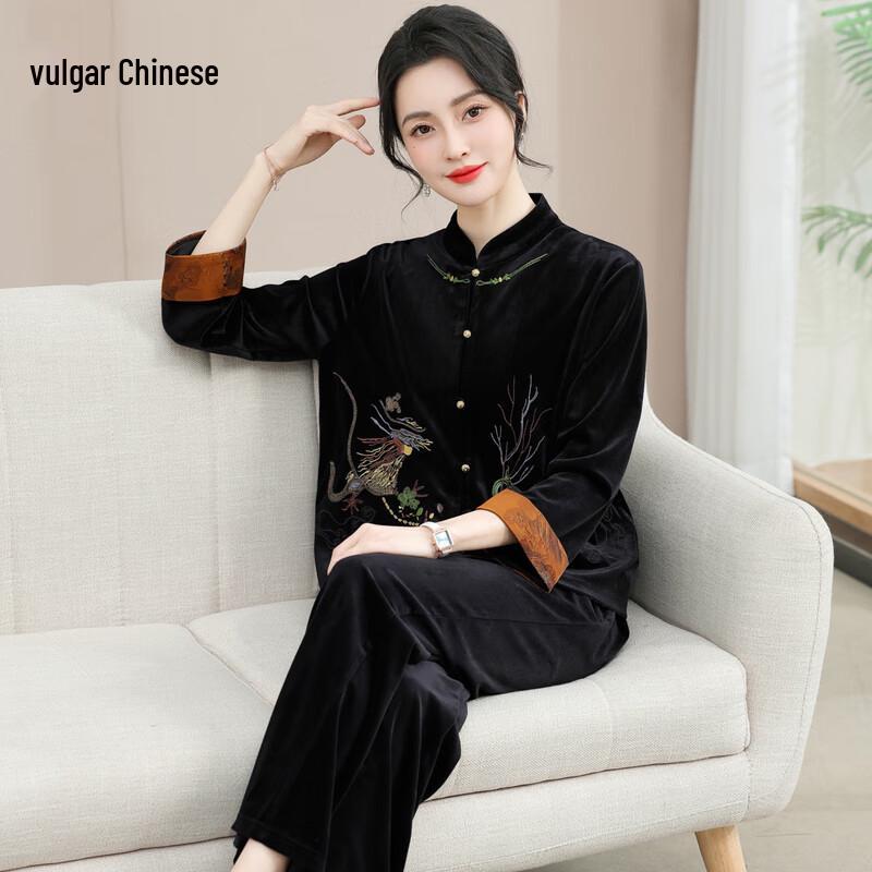 

Новый костюм в китайском стиле из золотого бархата с вышивкой для женщин среднего возраста 4XL