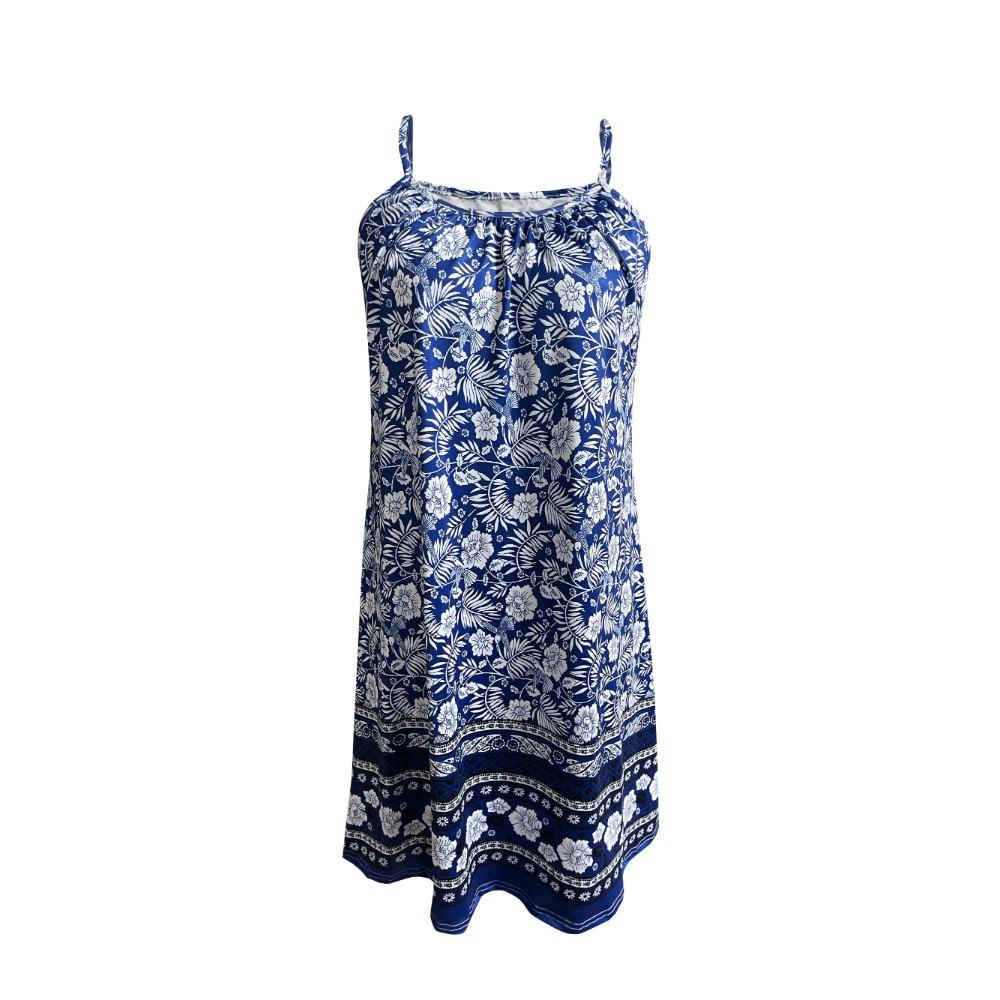 Women's Floral Print Ruched  Sleeveless  A Line  Beach Dress with Pockets