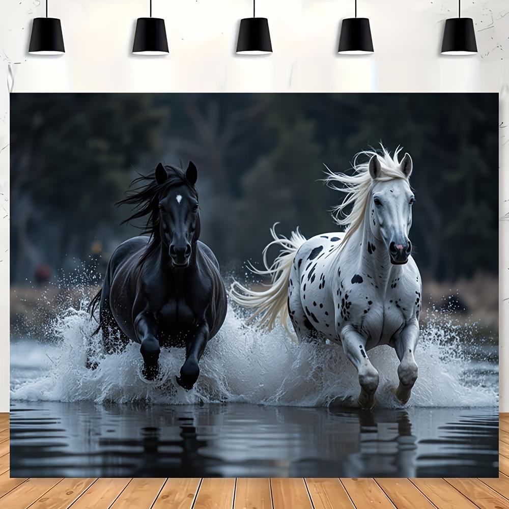 2D plane one magnificent black and white horse polyester background - vivid decoration for bedrooms and offices