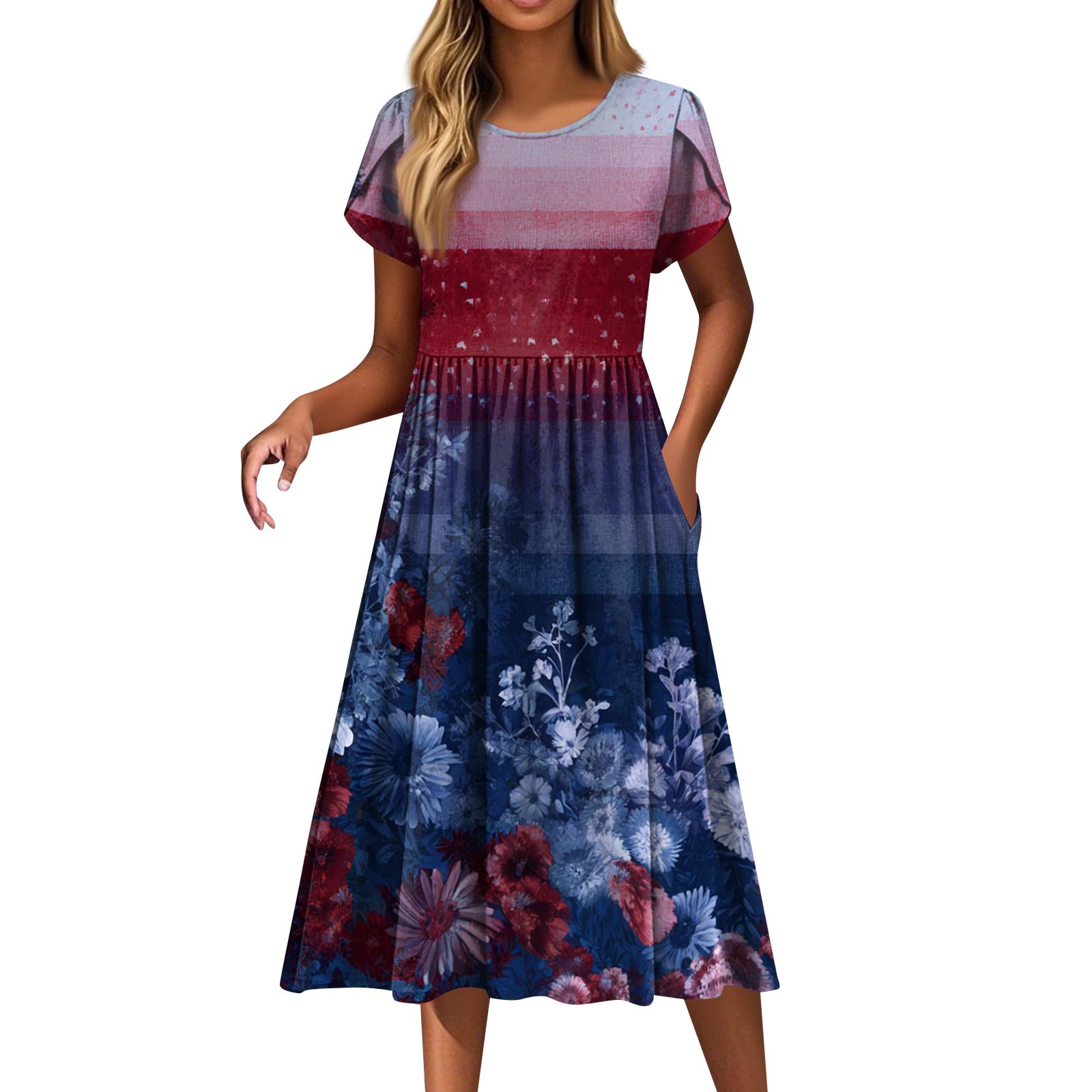 

Women s Fashion Casual Loose Independence Day Printed Round Neck Pocket Short Sleeve Dress XL винний