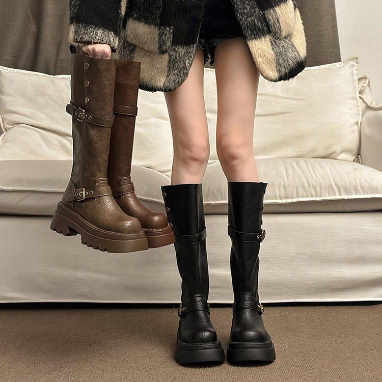 Brown retro British style platform boots women's 2025 autumn and winter new long boots high tube height increase and thin knight boots