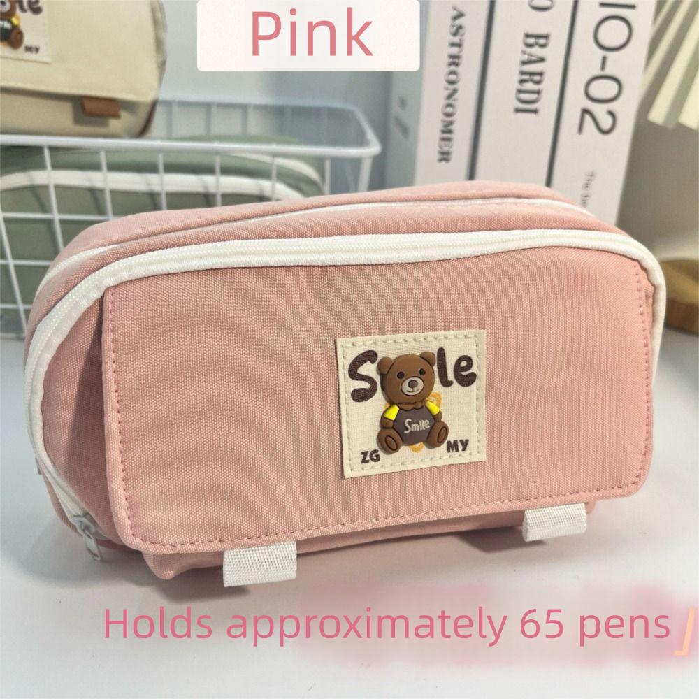 

Cartoon Pencil Bag Bear Double Layer Pen Pouch Fashion Stationery Storage Bag Students Supplies рожевий