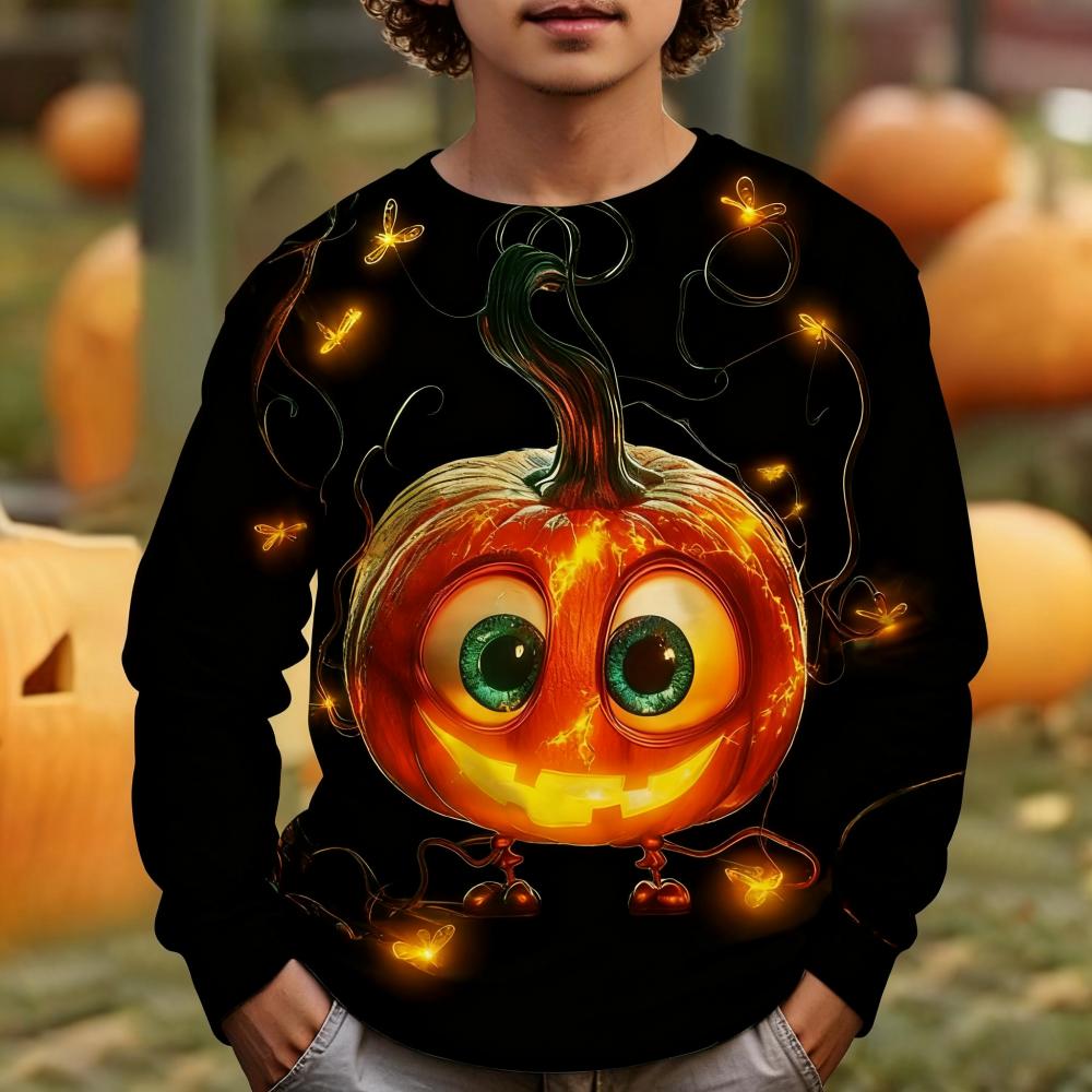 Kid Long Sleeves T-Shirt Fashionable Creativity Halloween Pumpkin Graphic Print Autumn Casual Sports Versatile Comfortable Loose T-Shirt