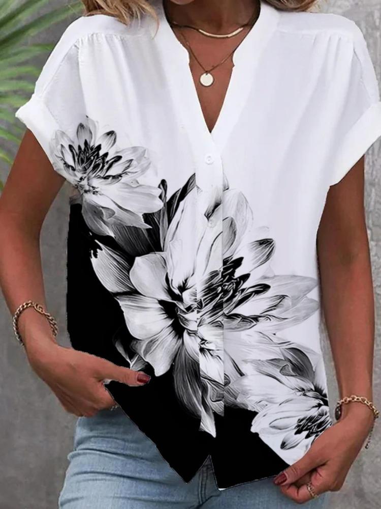 European American Women Printed Long Sleeve Shirt with Wave Collar Summer