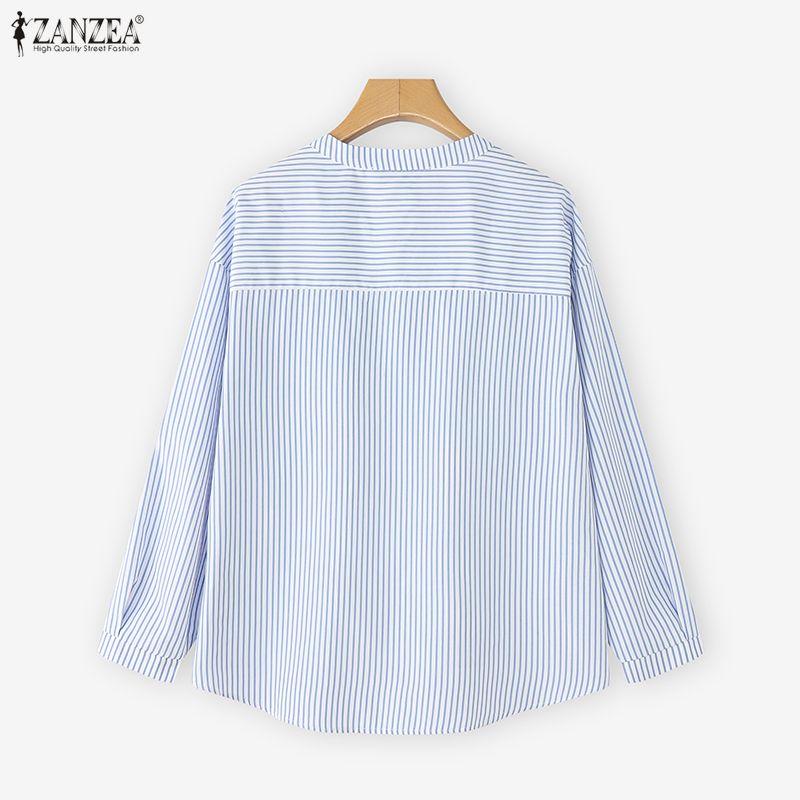 ZANZEA Blouse Décontractée Femme Col V Ample Manches Longues Rayures