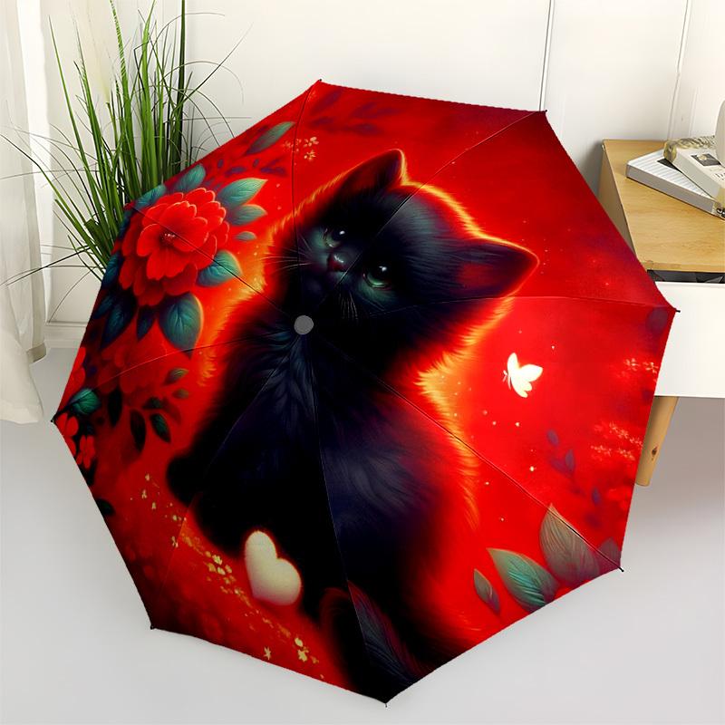 1pc Black Cat Auto-Fold Umbrella with One-Touch Open/Close - 8 Reinforced Ribs for Windproof Stability, Yy251118256