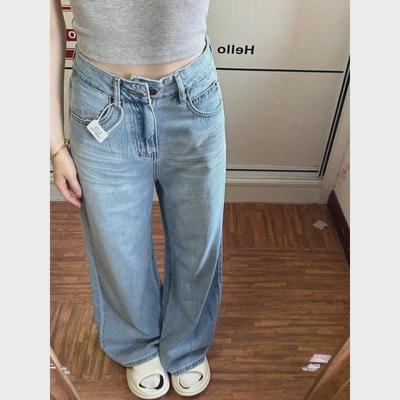 Kadın Vintage Geniş Paça Açık Yıkama Kot Pantolon - Retro Amerikan Tarzı, Yere Kadar Uzunlukta, İlkbahar/Sonbahar
