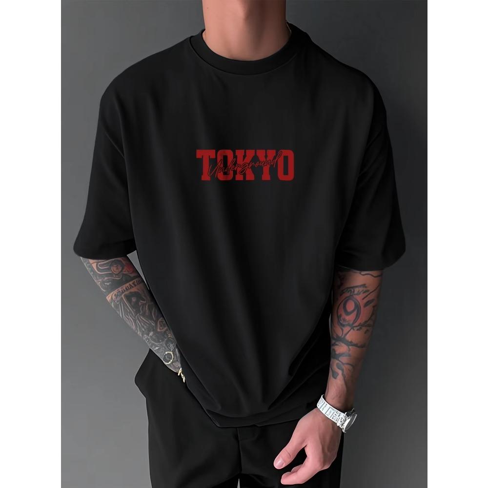 Men's Summer 100%  Fashionable Casual Loose Large Size Japanese Tokyo Pattern Printed Round Neck Short Sleeve T-shirt Top