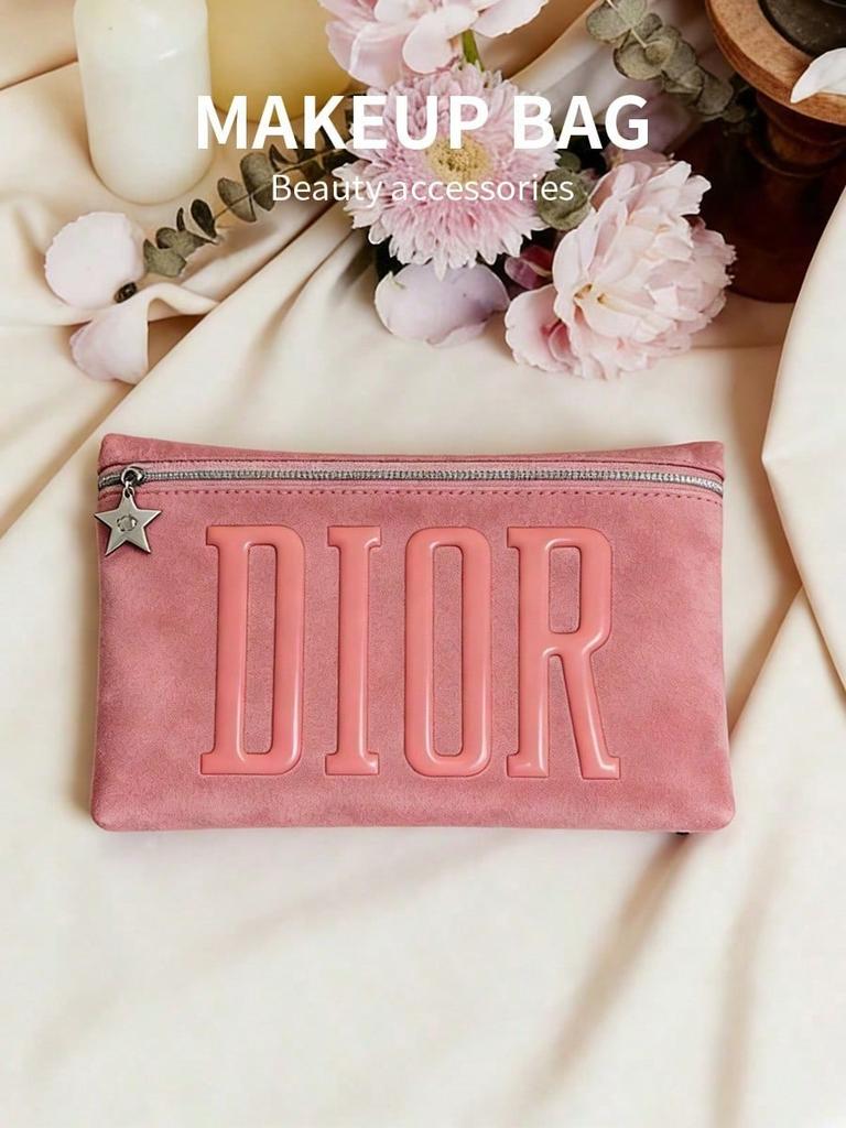 DIOR 1 Piece Pink Zipper Makeup Bag Embossed DIOR Letter Star Pendant Portable Cosmetic Pouch for Women Travel Daily Use