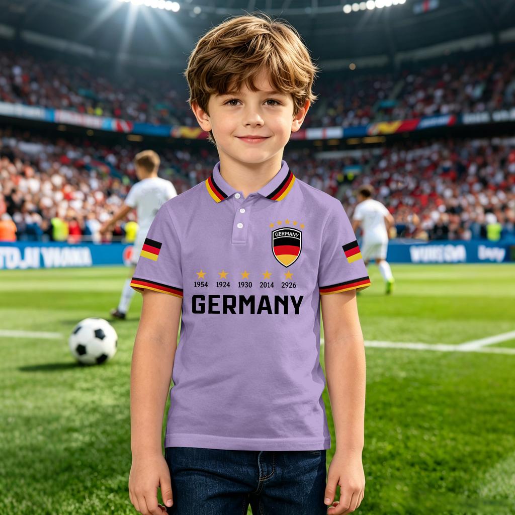 Kids Polo Shirt with Printed National Emblem and Championship Years Design Short Sleeve Button Collar Casual Top for Boys