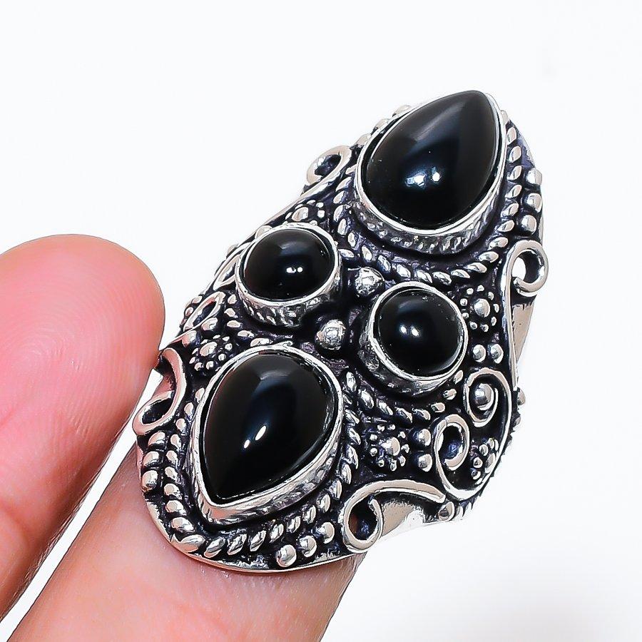 Natural Black Onyx Gemstone 925 Sterling Silver Jewelry Ring Size 9 AR-18711