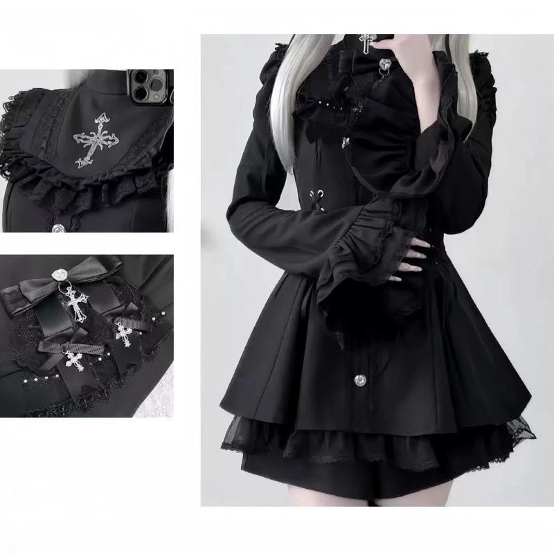 Japanese Y2 Aesthetics Vintage Bow Dress Shorts Set Women Gothic Lolita Style Long Sleeve Shirt Dress Elegant Party Dress Suits