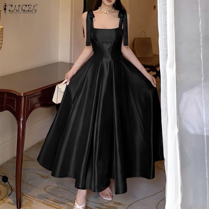 ZANZEA Women Casual Square Collar Summer Sleeveless Straps Elegant Dress S чёрный