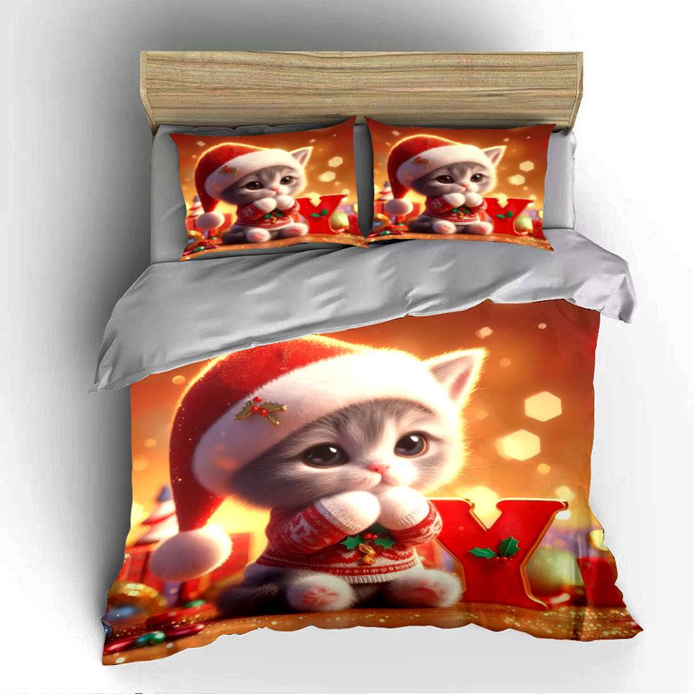 Cute Christmas Kitty Holiday Design Bedding Duvet Cover Set (1*Duvet Cover 2*Pillowcases, Without Duvet Insert)