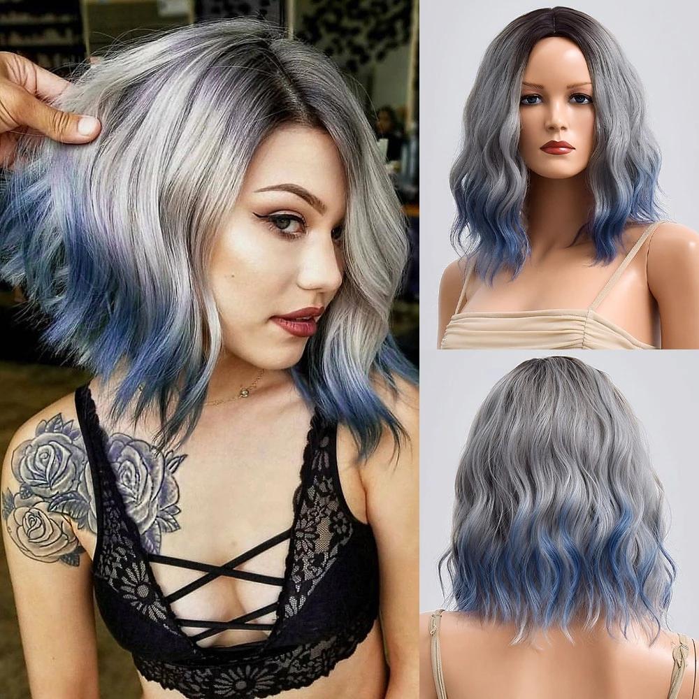 

Короткий синтетический парик боб для женщин, серебряный, синий, объемная волна, белый, натуральный, термостойкий, для косплея, вечерние, парики из волос Лолиты TB095-1