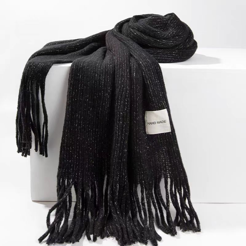 Women Girls Elegant Scarf Winter Thicken Warm Solid Color Knitted Long Tassel Scarves Soft Cotton Thickened Shawl Wraps Women