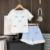 Girls Summer Sweet Bow Lace Spliced Plaid Shorts And Top Two Piece Set Kids Baby Outfit