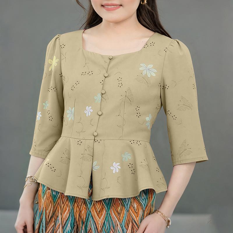 ZANZEA Women Casual Round Neck 3/4 Sleeve Elegant Floral Blouse