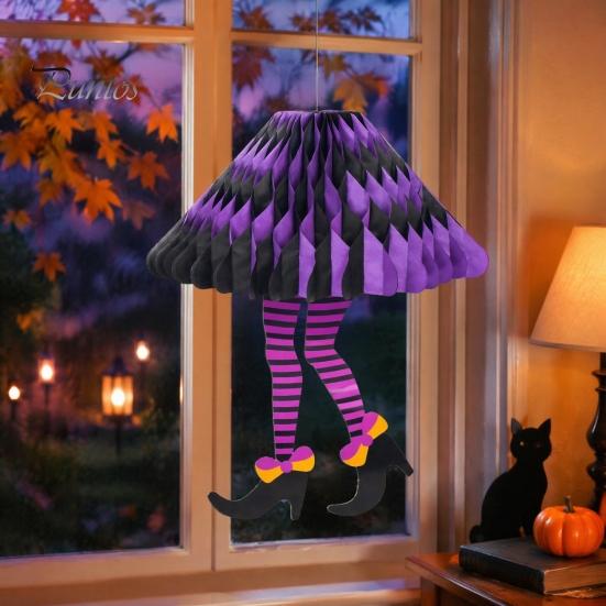 Halloween Festival Decor Honeycomb Witch Leg Ornament, Foldable Paper Indoor Party Props Hanging Decoration for Party, Holiday Home Outdoor