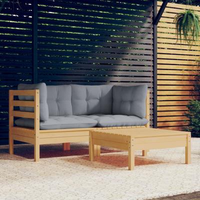 Vidaxl 3-Cz. Garden Lounge Set, Grey Cushions, Pine