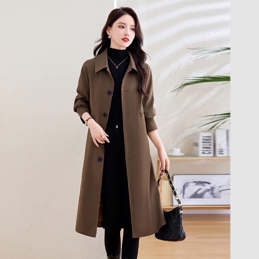 Coffee trench coat women's spring and autumn style small temperament versatile waist knee long coat