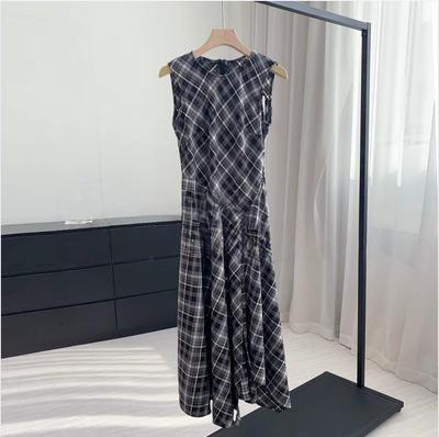 Retro Plaid Sleeveless Irregular Hem Long Dress Vest for Women