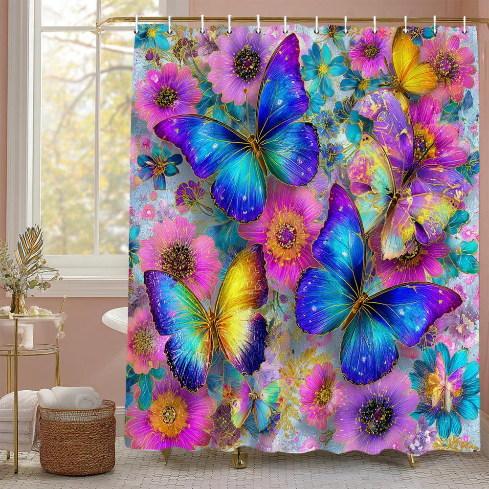 Beautiful pink butterfly pattern Shower Curtain,flowers Shower Curtain,Printed polyester fabric Bathroom Decoration Curtain