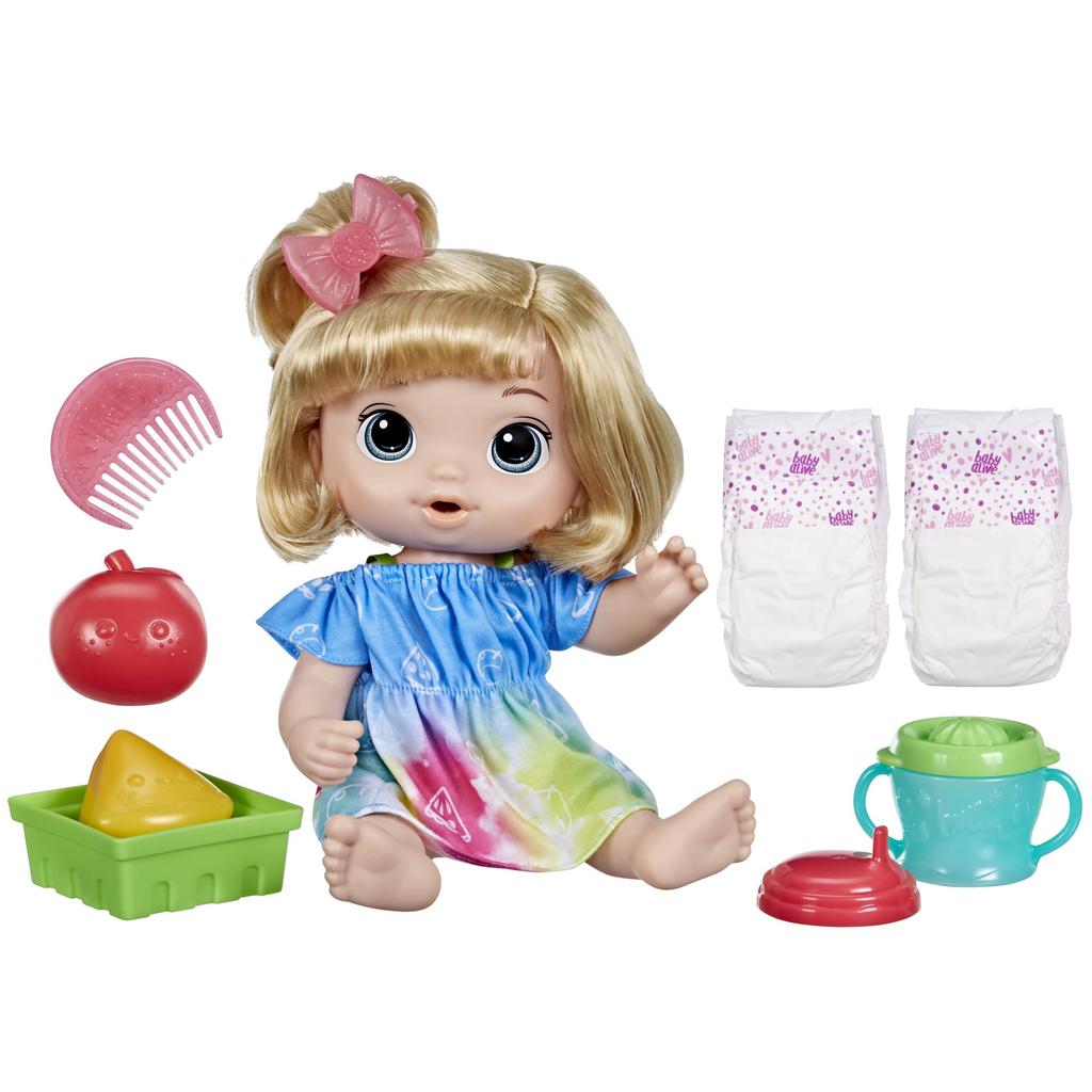 Hasbro Baby Alive Ages Doll Blonde Authentic Juice-Loving Baby, 3+, 12-inch (30 Cm) Set, Bottle, Diaper, Juicer, Hair, F7356,