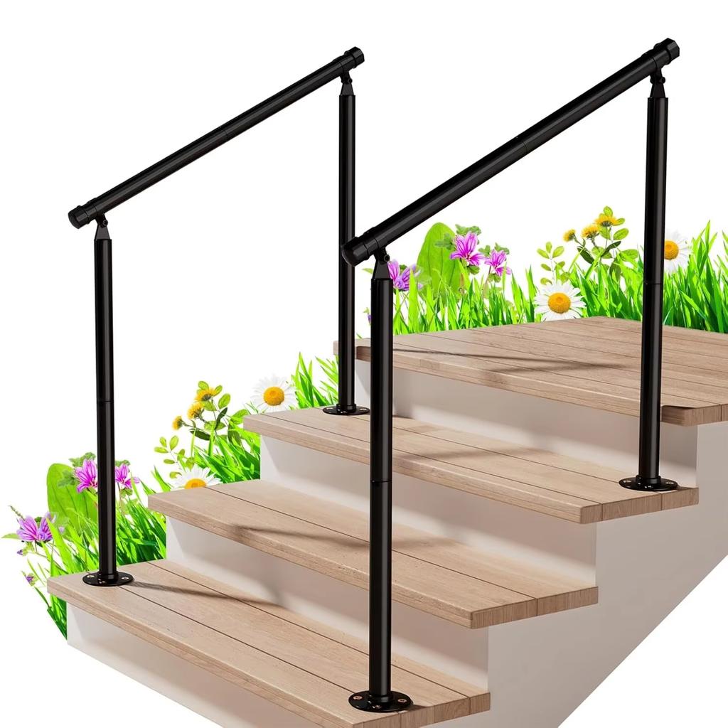 Metal Outdoor Step Handrails for 2-3 Steps - Black Porch & Deck Railing with Install Kit for Concrete/Patio