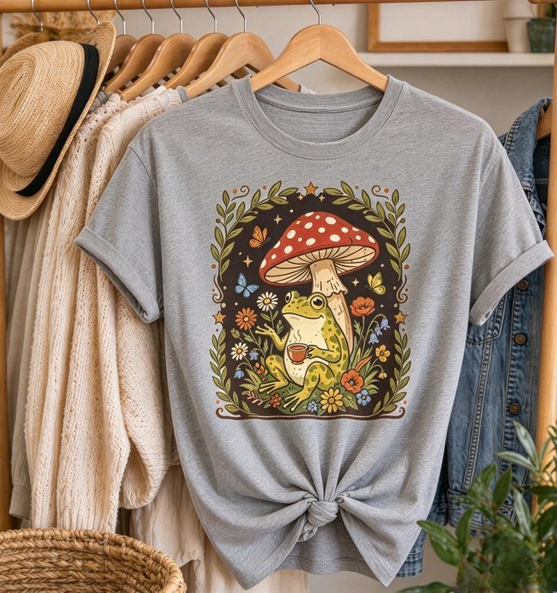 Cottagecore Frog And Red Mushroom Graphic Tshirt Unisex Unisex Wildflower Butterfly Print Casual Short Sleeve Vintage Nature Tee