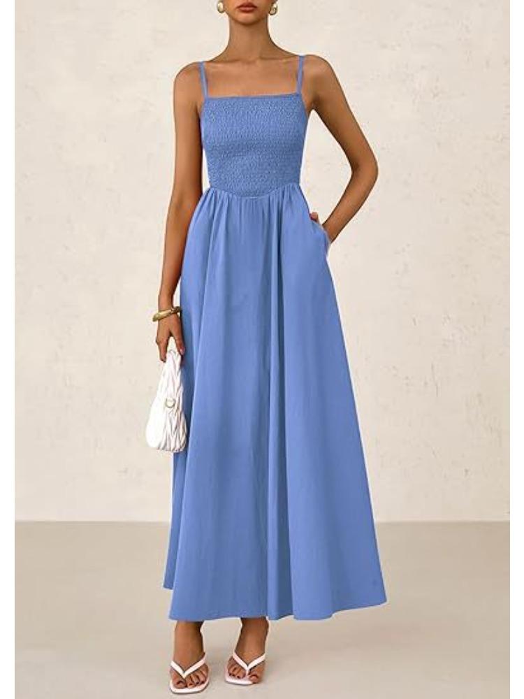 

Women s Spaghetti Strap Maxi Dress with Ruffles and Pockets XXL синій