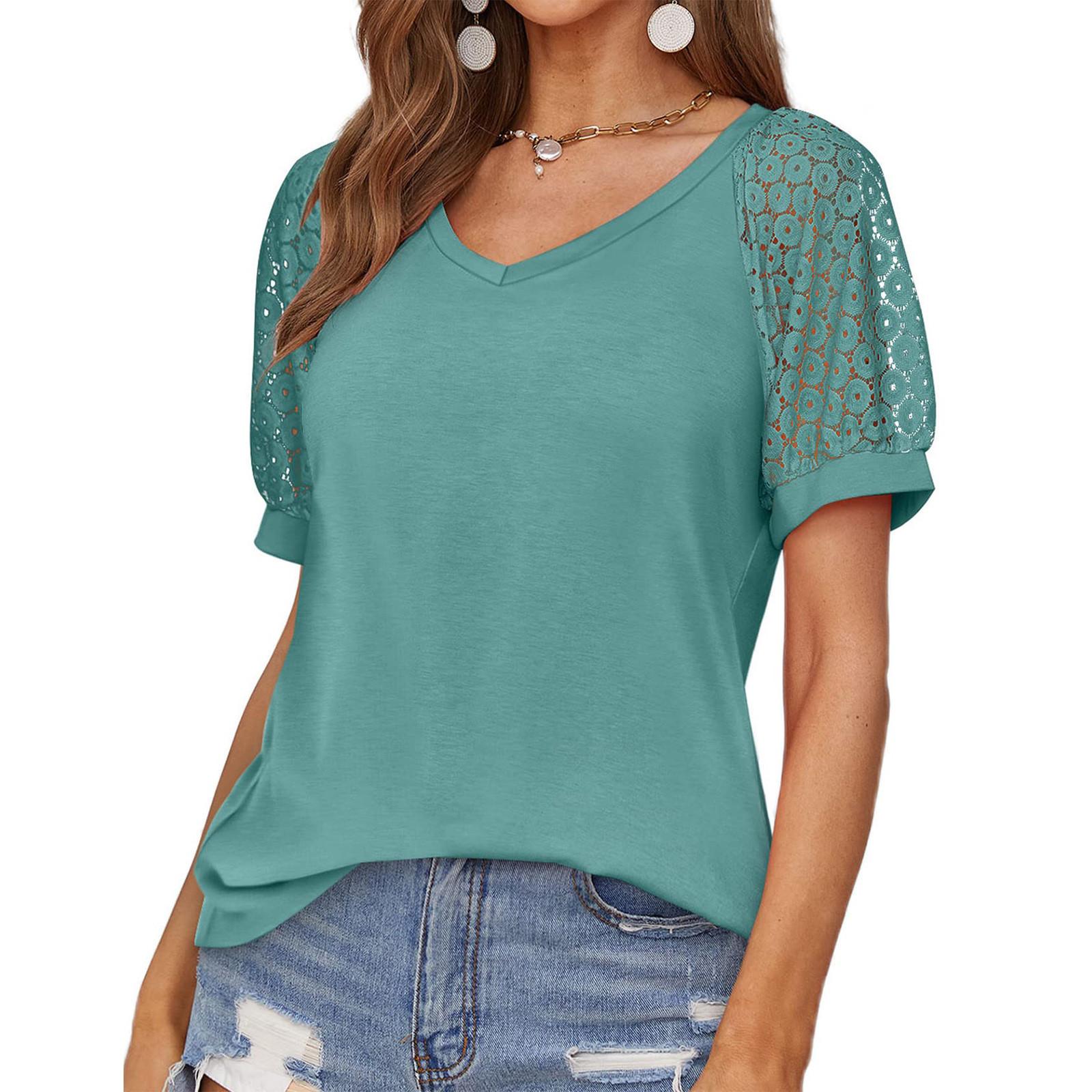 

Женская кружевная рубашка с коротким рукавом Футболка с V-образным вырезом Нарядные повседневные топы Реглан с коротким рукавом Кружевная вставка с короткими рукавами Удобный хлопковый топ XL