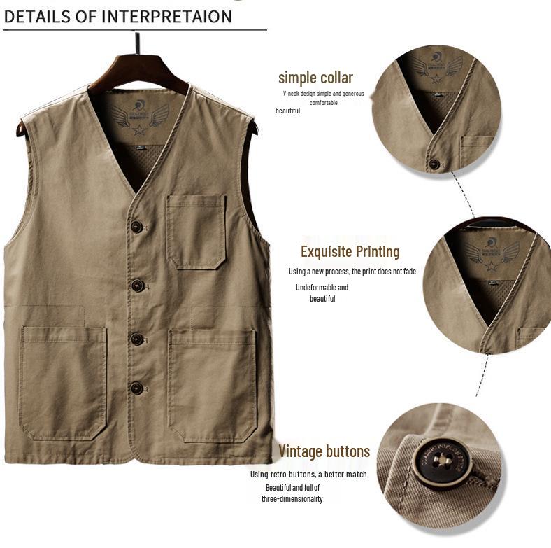 Men's Plus Size Cotton V-Neck Fishing Vest – Middle-Aged & Elderly Casual Sleeveless Jacket