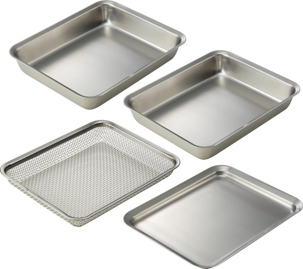 La base Tsubame-Sanjo stainless steel square tray x 2, square colander & square plate, 4-piece set, Made in Japan, Yoko Arimoto, LLM-8718