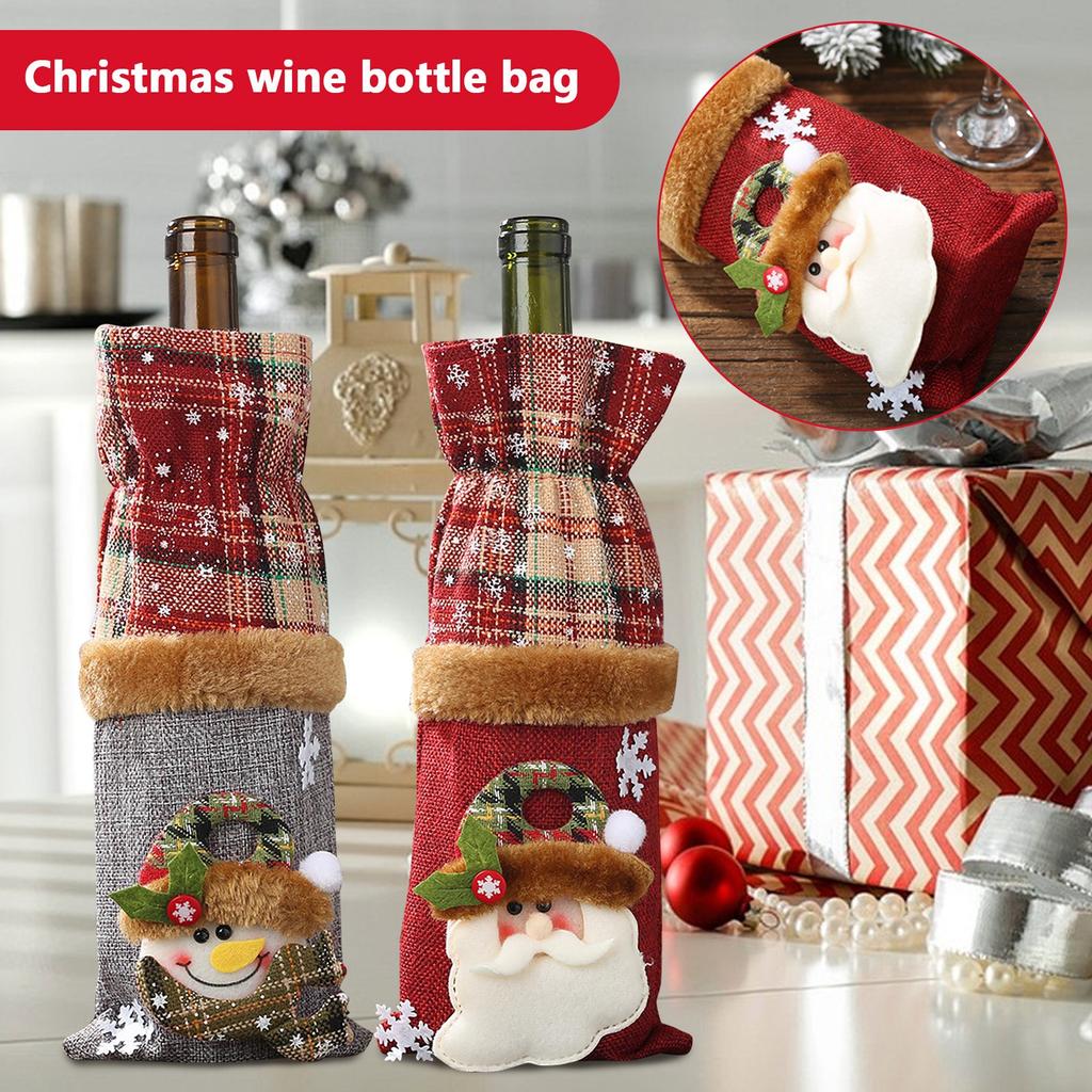 Christmas Decorations Wine Bottle Set Plaid Linen Wine Bottle Decoration Red Wine Champagne Creative Wine Bottle Bag