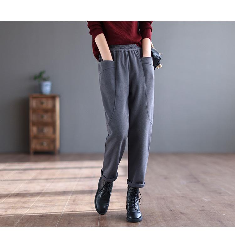 Pantalon harem rétro japonais pour femme doublé de velours avec poches pour automne/hiver 2025