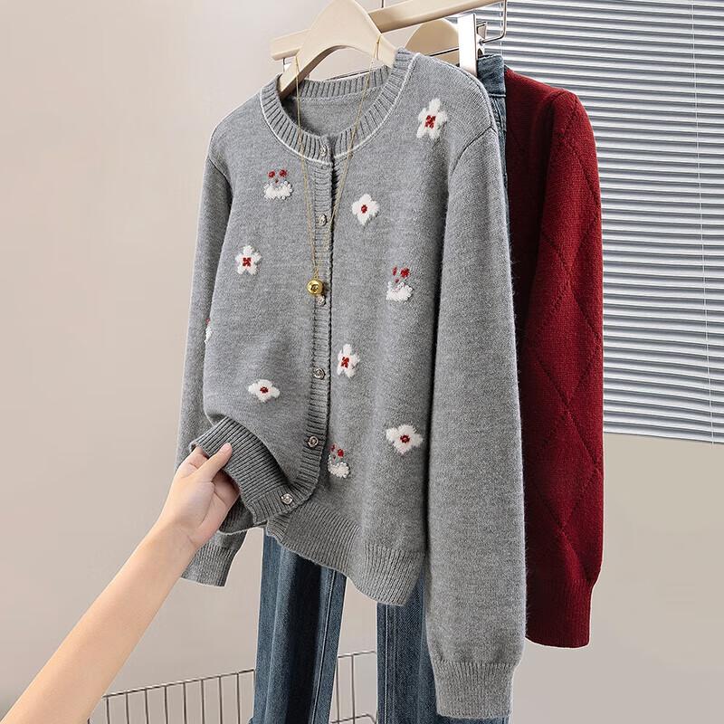 

Women s Floral Round Neck Knit Cardigan S