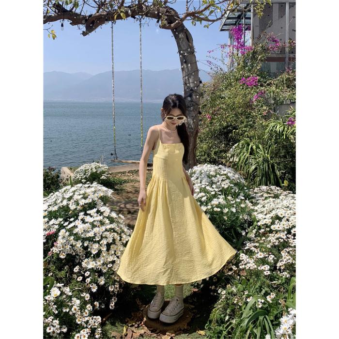 French Small Yellow Suspender Dress Women's Summer New Waist Temperament Long Dress Seaside Vacation Skirt
