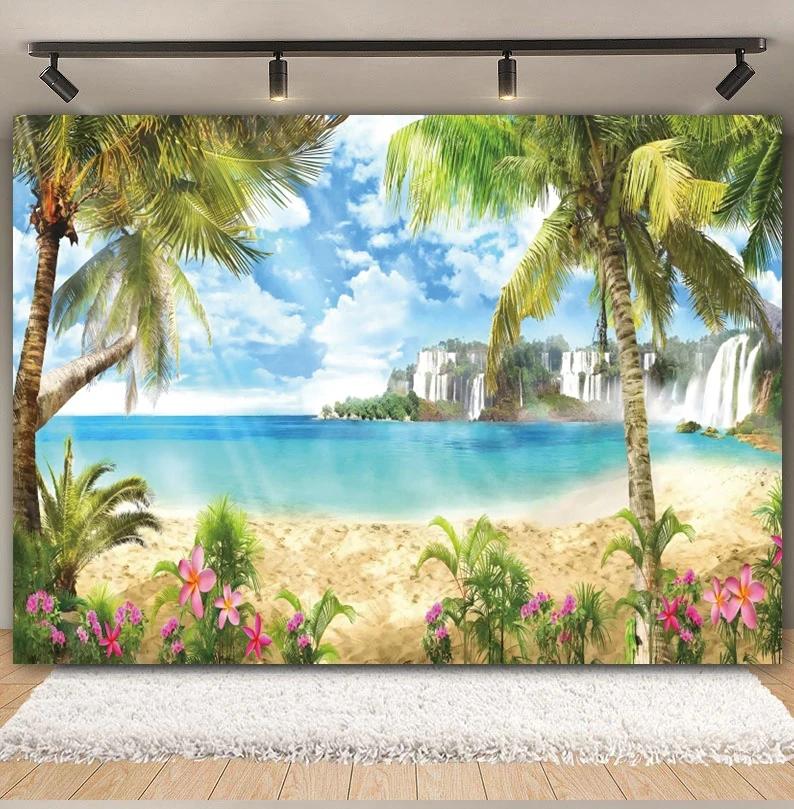 Tropischer Strand Ozean Fotografie Hintergrund Sommer Meeresufer Palme Naturlandschaft Baby Geburtstag Feier Party Foto Hintergrund