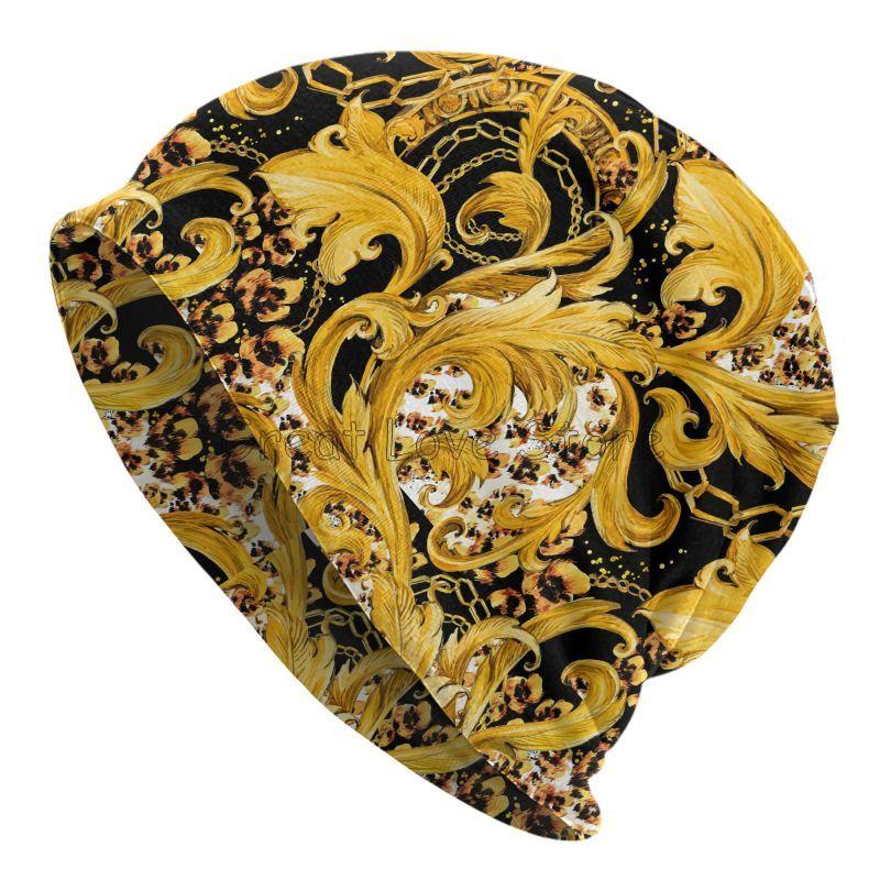 

Cool Golden Flower Baroque Print Beanie Hat Women Warm Cycling Bonnet Cap Unisex Knit Hats Headwear Skullies Beanies