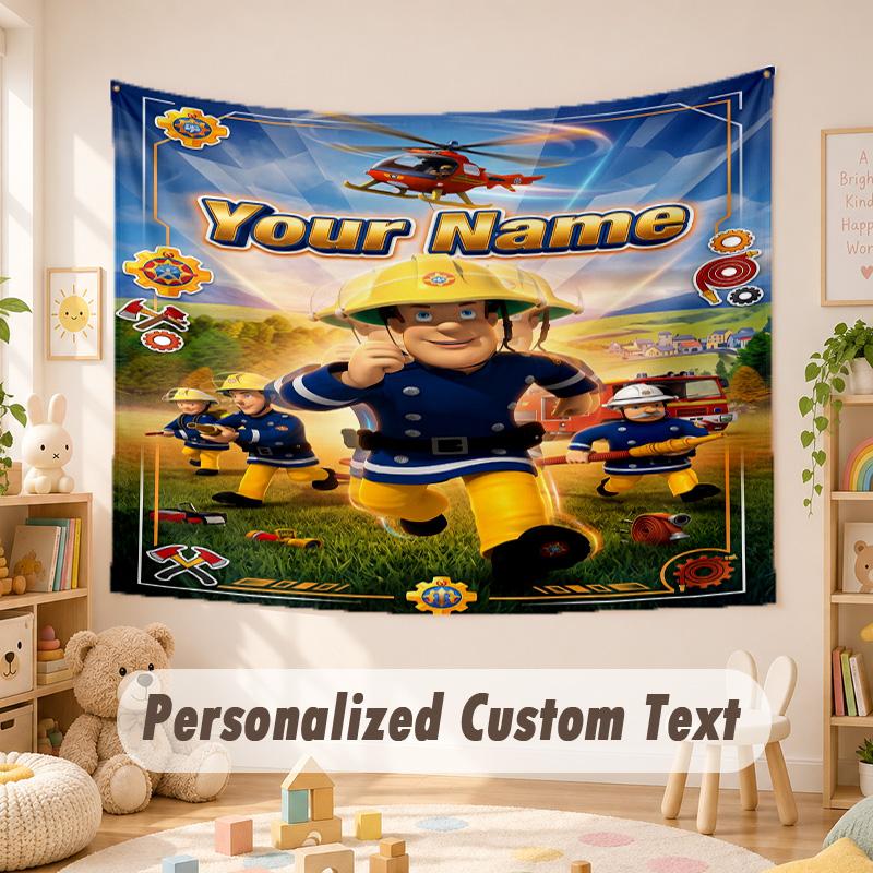 Custom Name Text Tapestry,Fireman Sam Boho Wall Hanging, Decorative Backdrop Tapestry For Room