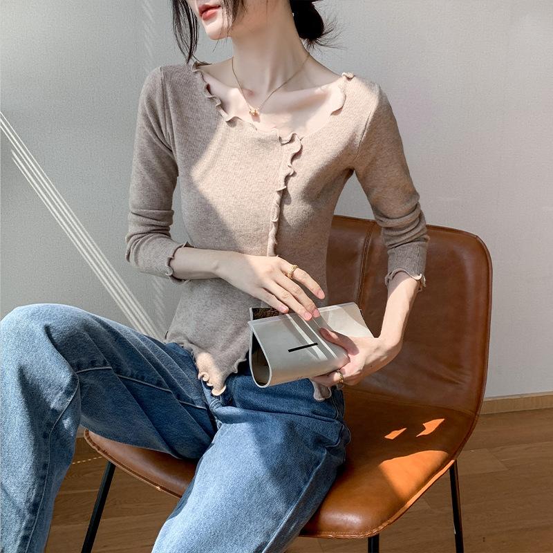Fungus edge exposed collarbone solid color bottoming shirt women's clothing autumn new slim and thin top knitted sweater