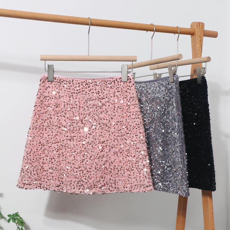 Pink Sequin High-Waist A-Line Disco Skirt - Anti-Exposure, Slim Fit