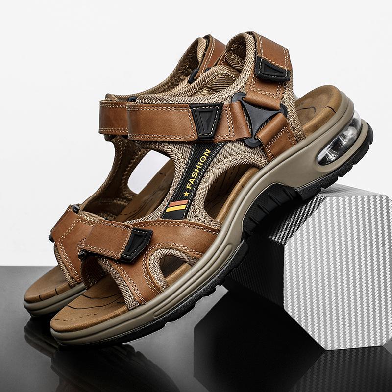 Men's Casual Genuine Leather Open-Toe Beach Sandals with Air Cushion - Lightweight and Plus Size for Outdoor Activities.