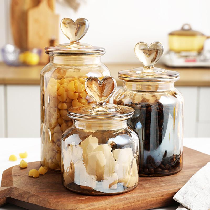 Transparent Glass Jars with Love Lid Home Kitchen Large Capacity Grain Storage Bottle Storage Jars for Grains Kimchi Kitchenware