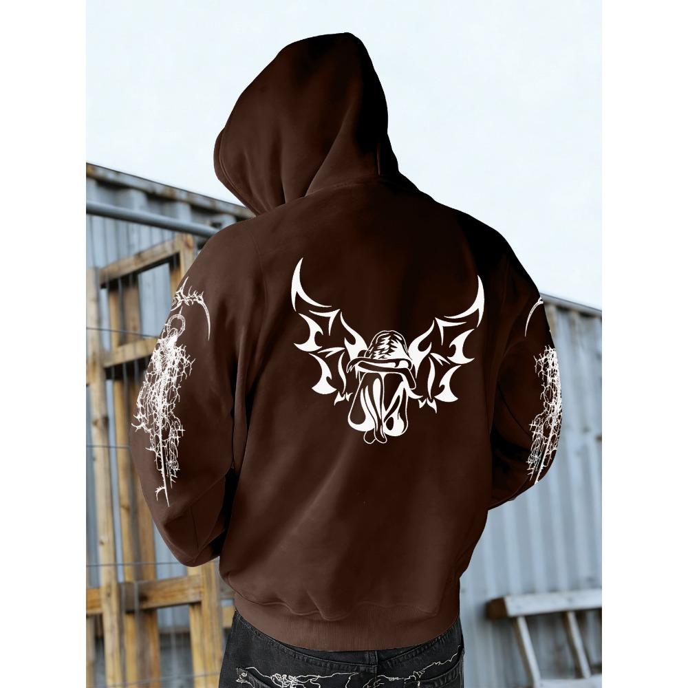 Autumn Winter Trendy Men's Vintage Streetwear Hooded Sweatshirt with Gothic Design, Featuring Demon Wings and Thorns Print on the Back