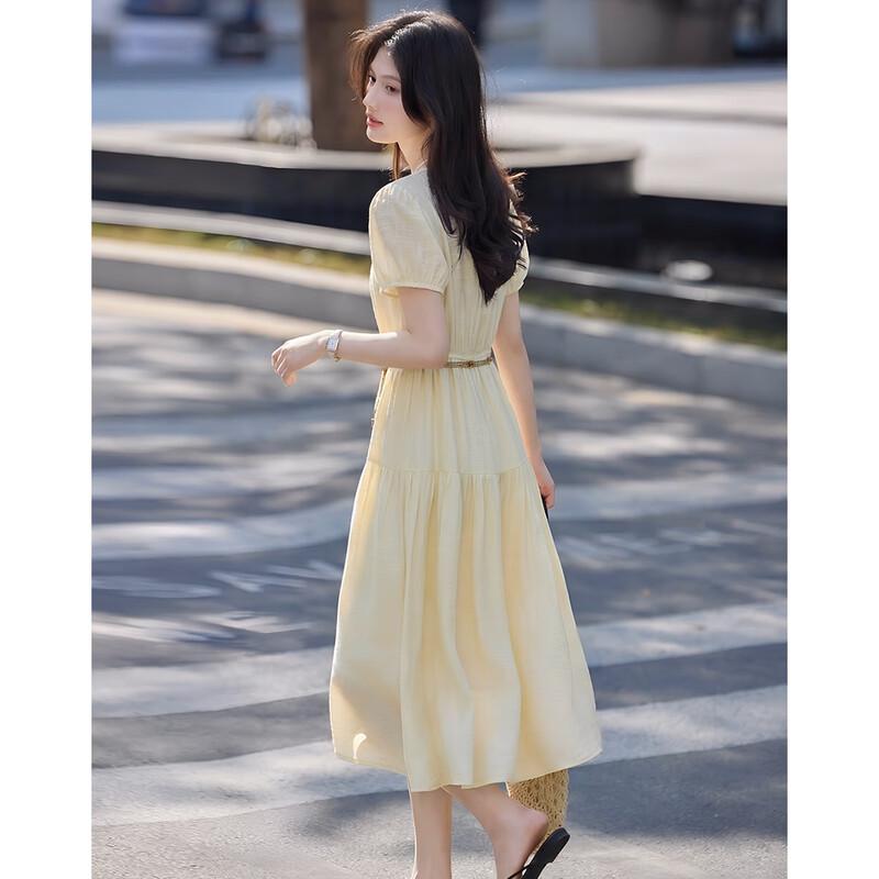 Women's Summer V-Neck A-Line Short Sleeve Tie-Waist Dress