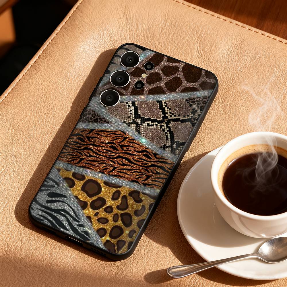 L-Luxury F-Fashion Leopard Print Phone Case For Samsung S26,S25,24,23,22,30,21,10,9,Ultra,Plus,Lite,Black Soft Case
